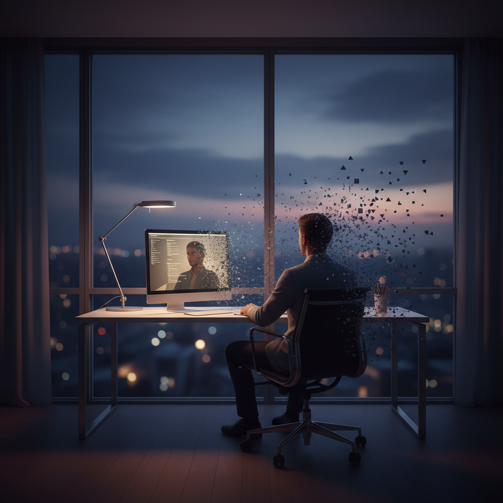 Uma silhueta humana composta por códigos binários se desfazendo em um fundo