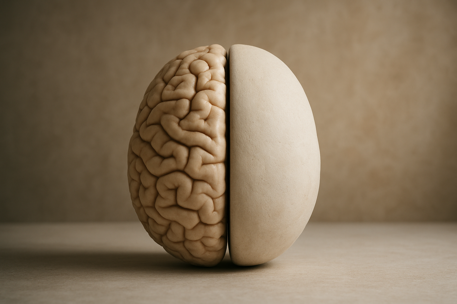 Ilustração conceitual mostrando um cérebro artificial dividido em duas partes: uma com engrenagens simples (ML) e outra com uma rede neural complexa (DL).